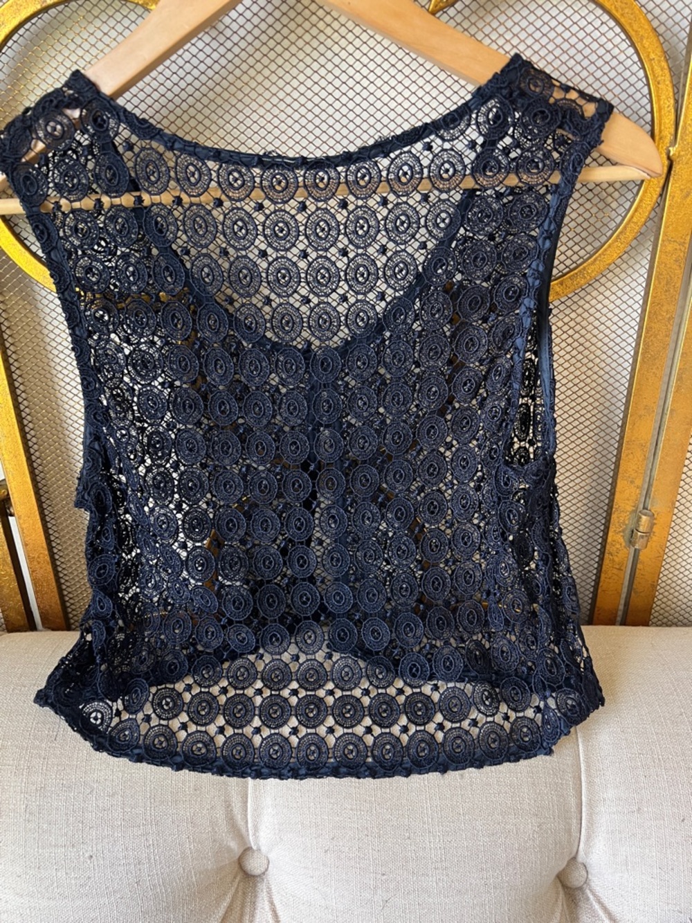 Navy Button-Front Lace Tank - Picture 2 of 2